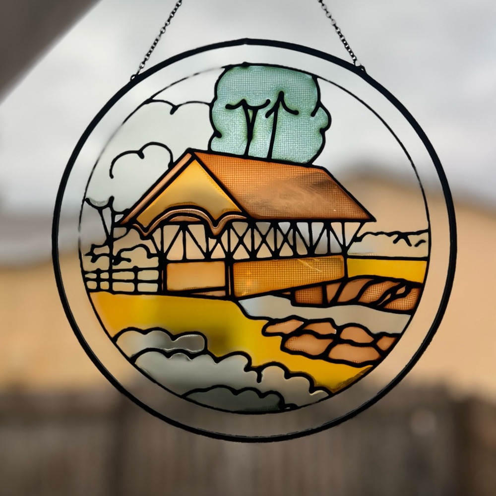Vintage Stained Glass Hanging Panel – Bridge Cottagecore Window Sun Catcher